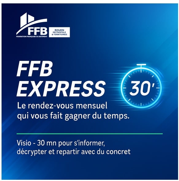 Montage présentant le texte en blanc sur fond bleu "FFB Express 30' le RDV mensuel qui vous fait gagner du temps".