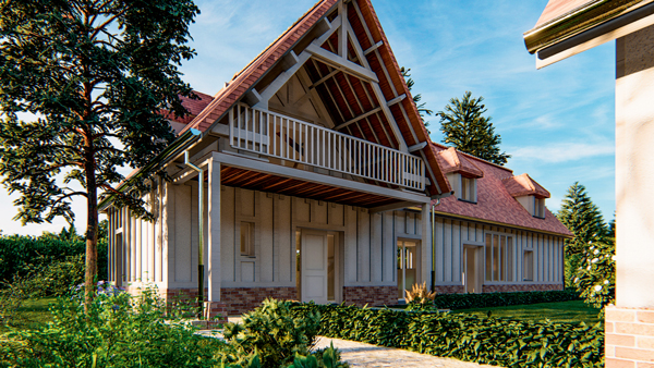 La signature architecturale des maisons : une impressionnante charpente apparente en bois, avec débord de toit de deux mètres. 